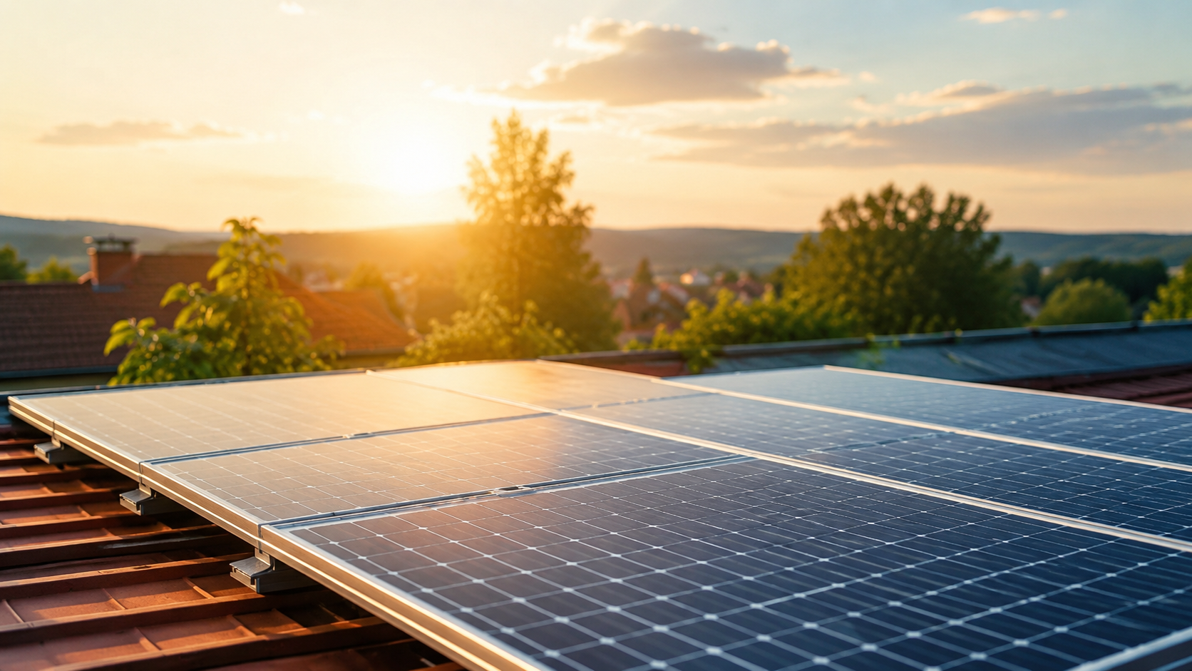 Solar panels on a residential roof in warm evening light